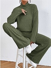 abordables Survêtements pour femmes-Femme Chaud Néon et lumineux Chemise Ensembles de pantalons Pantalon manche longue Col Roulé Couleur unie Casual Quotidien Noir Vert Véronèse Bleu Automne hiver Standard