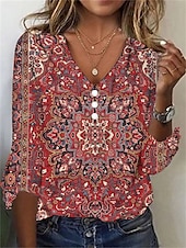 ieftine tricou boho-Pentru femei Tricou Cămașă Henley Floral Epocă Έθνικ Zilnic De Bază Lungime Manșon 3/4 În V Topuri obișnuite Concediu Sfârșit de săptămână Nasturi Imprimeu Roșu-aprins Mov Trifoi Kaki Gri Toamna iarna