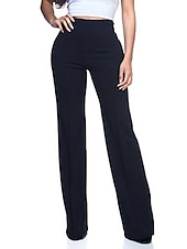 baratos calças sociais femininas-Mulheres Social Calça larga Calças Elegante à moda Trabalho Comprimento total Cintura Alta Côr Sólida Bolsos Corte alto Conforto Respirabilidade Macio Micro-Elástica Formal Escritório Trabalho Preto
