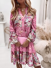 olcso Alkalmi virágos ruhák-női műszakos ruha bohó ruha térdig érő ruha rózsaszín hosszú ujjú virágos fodros smocked print nyár tavasz ősz v nyak boho alkalmi flare mandzsetta ujj 2023 4xl