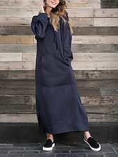 preiswerte Sweatshirt- und Hoodie-Kleider-Damen Casual kleid Sweatkleid kleid lang Täglich Basic Outdoor Urlaub Ausgehen V Ausschnitt Tasche Feste Farbe Regular Fit Schwarz Burgunderrot Blau S M L XL XXL