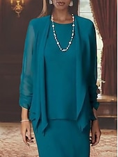 voordelige Met Jas-Twee delige sheath moeder van de bruid jurk formele bruiloft gast elegante scoop hals vloer lengte chiffon lange mouw omslag inbegrepen met effen kleur gratis op maat gemaakt