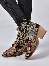 preiswerte Stiefeletten-Damen-Stiefeletten mit Blumenstickerei und Schnürung – Vintage-Boho-Stiefeletten mit dickem Absatz für Herbst, Winter, Festivals und Freizeit
