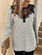olcso Textúrált felsők-Női Ing Csipke ing Blúz Patchwork hálós felső Színes Elegáns Divat Alap Hosszú ujj Kerek Normál felsők Hétköznapi Csipke Kollázs Szürke Tavasz Ősz