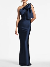 preiswerte SCHWARZ-Meerjungfrau Abendkleid Elegantes Kleid Formeller Hochzeitsgast Knöchellang Ärmellos Eine Schulter Satin mit Schleife(n) Schlitz Maskeradenkleid 2025