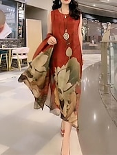 tanie Zestawy sukienkowe-Damskie Zestaw sukienek Codzienne sukienki Sukienka rozkloszowana Sukienka z nadrukiem Moda Codzienny Kwiaty Nadruk Nadruk Sukienka midi Rękaw 1/2 Półgolf Urlop Codzienny Czerwony Niebieski