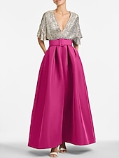 abordables GRIS-Robe de soirée A-Line élégante Robe invitée formelle Mariage longueur cheville Manches mi-longues Décolleté en V Invité de mariage d&#039;automne Sequins avec sequins à bretelles 2025