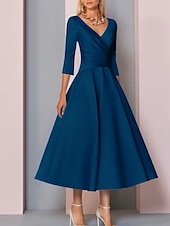 voordelige Vloerlengte-Strand Bruiloft A-Lijn Gouden Jurken Moeder van de Bruid Jurk Bruiloft Gast Elegante Vintage Plus Size V Hals Thee Lengte Satin 3/4 Lengte Mouw met Plissé dress to impress 2025 gratis op maat gemaakt