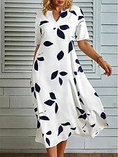 economico Abito Floreale-Abito Midi da Donna Stampa Foglia con Tasche Collo Spaccato Quotidiano Vacanza Manica Mezza Autunno