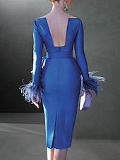 abordables Longueur du thé-Robes de Cocktail Svelte Élégante Robe Formelle Automne Longueur Genoux Manches Longues Col V Ceinture  Ruban Tissu Extensible avec Volants en Plumes Robe de Jour de Course taille sur mesure gratuite