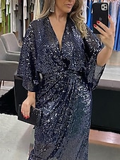 levne Party šaty-Dámské Flitrové šaty Šaty na párty Koktejlky Flitry Lesk Do V 3/4 délka rukávu Midi šaty Zimní šaty Svatební host Námořnická modř Jaro Zima