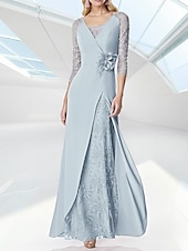 abordables Rose-Robe de Soirée A-Line de Mariage à la Plage Robe Élegante Robe Formelle Longueur de Sol Manche 3/4 Col en V Invité de Mariage d&#039;Automne Chiffon avec Broderie 2025
