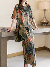 economico Abbigliamento da casa da donna-set di abbigliamento da casa da donna, moda floreale, casual, comfort, strada, quotidiano, appuntamento, traspirante, girocollo, manica corta, maglietta, pantaloni, tasca, estate, primavera, casa,