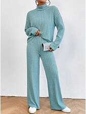 abordables Survêtements pour femmes-Femme Chaud Néon et lumineux Chemise Ensembles de pantalons Pantalon manche longue Col Roulé Couleur unie Casual Quotidien Noir Vert Véronèse Bleu Automne hiver Standard