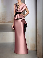 abordables JAUNE-Robe de soirée fourreau élégante robe formelle invitée à un mariage longueur sol manches courtes décolleté en V en satin avec volants broderies et appliqués 2025