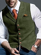  gilet da uomo in tweed, gilet, moda vintage, primavera e autunno, bottoni, misto lana, comodo, semplice, monopetto, scollo a V, vestibilità regolare, verde scuro, blu navy, grigio scuro, grigio chiaro.