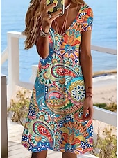 preiswerte Boho Kleider-Damen Minikleid Casual kleid Ethnisches Kleid Etuikleid Minikleid Urlaub Modisch Klassisch Urlaub Geburtstag Casual Regular Fit Blumen Paisley-Muster Kurzarm V Ausschnitt Tiefes V Rote Staubiges Blau