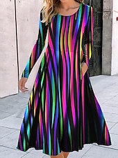 preiswerte Boho Kleid-Damen Midi Kleid A-Linie Kleid Lässiges Kleid Winterkleid Swing Kleid Mode Streetwear Reif Formell Outdoor Urlaub Reguläre Passform Geometrisch Farbblock Tribal Lange Ärmel Rundhalsausschnitt Schwarz