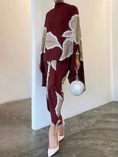 olcso Ruhaszettek-Női ruhakészlet hétköznapi ruha Szoknya készlet Hüvelyruha Elegáns Modern Virágos Fodrozott Nyomtatott Hosszú ruha Maxi ruha Hosszú ujj Állógallér Napi Alkalmi Fehér Pezsgő Bor Ősz Tél Normál