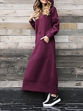 preiswerte Sweatshirt- und Hoodie-Kleider-Damen Casual kleid Sweatkleid kleid lang Täglich Basic Outdoor Urlaub Ausgehen V Ausschnitt Tasche Feste Farbe Regular Fit Schwarz Burgunderrot Blau S M L XL XXL