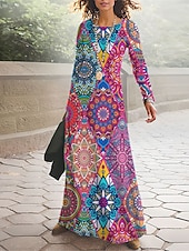 baratos Vestido Boho Étnico-Mulheres Vestido Longo Vestido Maxi Vestido casual Roupa de inverno Vestido estampado Vintage Étnico Tribal Diário Ao ar livre Rua Normal Floral Tribal Manga Longa Gola Redonda Preto Vermelho Azul