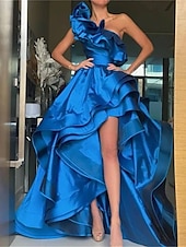 ieftine roșu-Rochie de seară A-Line elegantă rochie formală de nuntă asimetrică fără mâneci un umăr satin cu volane slit rochie de mascaradă