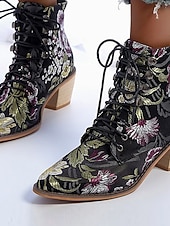 preiswerte Stiefeletten-Damen-Stiefeletten mit Blumenstickerei und Schnürung – Vintage-Boho-Stiefeletten mit dickem Absatz für Herbst, Winter, Festivals und Freizeit