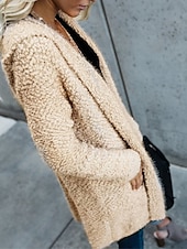 cheap Sherpa Jackets-Women&#039;s Teddy Coat Hoodie Jacket Street Daily Wear Vacation Fall Winter Regular Coat V Neck Loose Fit Warm Breathable Stylish Casual Street Style Jacket Long Sleeve Plain with Pockets White Pink Khaki