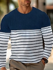 cheap Basic T shirts-Men&#039;s T Shirt Tee Top Long Sleeve Crew Neck Summer Stripes Fashion Designer Basic Vacation Street Going out Wine Black Dark Blue Top Tee for Men