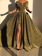 economico GIALLO-Abito da sera A-Line abito scintillante abito formale autunno strascico senza maniche off shoulder paillettes con spacco abito da mascherata 2025