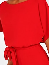 levne párty kombinézy-dámská kombinéza elegantní pásek v pase červená široká noha s kulatým výstřihem krátký rukáv jednobarevná párty práce ležérní jaro léto oblečení oblečení