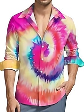 preiswerte Geometrische Muster-Herren Regenbogen Geometrische Muster Hemd Knopfhemd Langarm Modisch Strassenmode Designer Casual Täglich Ausgehen Herbst Winter Umlegekragen Bedruckt Rosa Regenbogen Blau + Blau Leicht Blau