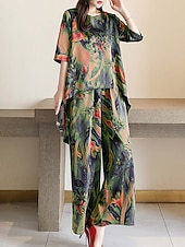 economico Abbigliamento da casa da donna-set di abbigliamento da casa da donna, moda floreale, casual, comfort, strada, quotidiano, appuntamento, traspirante, girocollo, manica corta, maglietta, pantaloni, tasca, estate, primavera, casa,