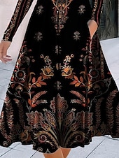 ieftine Rochie boho-Rochie midi pentru femei rochie în formă de A rochie casual rochie de iarnă rochie de schimb modă îmbrăcăminte de stradă matură formală exterior vacanță potrivire regulată florală mânecă lungă guler