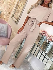 levne párty kombinézy-dámská kombinéza elegantní pásek v pase červená široká noha s kulatým výstřihem krátký rukáv jednobarevná párty práce ležérní jaro léto oblečení oblečení