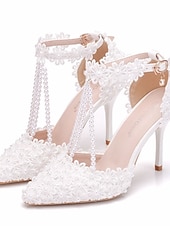 cheap Bride-Women's White Pearl T-Strap High Heel Wedding Shoes – Elegant Bridal Heels for Church Wedding