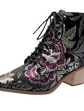 preiswerte Stiefeletten-Damen-Stiefeletten mit Blumenstickerei und Schnürung – Vintage-Boho-Stiefeletten mit dickem Absatz für Herbst, Winter, Festivals und Freizeit