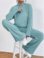 abordables Survêtements pour femmes-Femme Chaud Néon et lumineux Chemise Ensembles de pantalons Pantalon manche longue Col Roulé Couleur unie Casual Quotidien Noir Vert Véronèse Bleu Automne hiver Standard