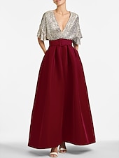 abordables GRIS-Robe de soirée A-Line élégante Robe invitée formelle Mariage longueur cheville Manches mi-longues Décolleté en V Invité de mariage d&#039;automne Sequins avec sequins à bretelles 2025