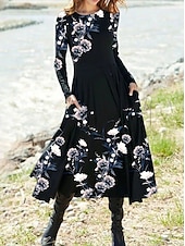 preiswerte Blumenkleid-Frauen Midikleid A-Linien Kleid Lässiges Kleid Winterkleid Swing Kleid Mode Streetwear Reif Formal Outdoor Urlaub Regulär Passform Blumen Lange Ärmel Rundhalsausschnitt Schwarz Marineblau Königsblau