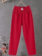 cheap Plain Cotton Linen Pant-Women&#039;s Normal Cotton Linen Pants Chinos Baggy Pants Solid Comfort Ankle-Length Mid Waist Side Pockets Elastic Waist Baggy Comfort Micro-elastic Casual Daily Black White Red Green Summer Spring Fall