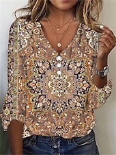 ieftine tricou boho-Pentru femei Tricou Cămașă Henley Floral Epocă Έθνικ Zilnic De Bază Lungime Manșon 3/4 În V Topuri obișnuite Concediu Sfârșit de săptămână Nasturi Imprimeu Roșu-aprins Mov Trifoi Kaki Gri Toamna iarna