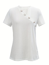 お買い得  プレーンTシャツ-女性用 Tシャツ ドレッシーなトップス 純色 スタイリッシュ カジュアル 半袖 非対称ネック レギュラートップス 日常 ボタン ブラック ホワイト ピンク グリーン グレー 夏