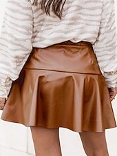 お買い得  無地スカート-女性用 ファッション セクシー ミニ ハイウエスト スカート ソリッド ラッフル 日常 ストリート ブラック ブラウン 夏 合皮 レザー