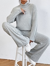 abordables Survêtements pour femmes-Femme Chaud Néon et lumineux Chemise Ensembles de pantalons Pantalon manche longue Col Roulé Couleur unie Casual Quotidien Noir Vert Véronèse Bleu Automne hiver Standard