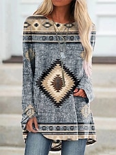 ieftine topuri tunică-Pentru femei Tricou Tunică Marron Galben Verde Deschis Geometric Plisat Imprimeu Manșon Lung Casual Tunici Epocă Έθνικ Rotund Lung Tema boem Geometric ă Mărime Plus S
