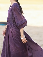 abordables concevoir des robes en coton et lin-Femmes Noir Blanche Jaune Automne Robe maxi Robes inspirées du lin Robe Décontractée Basique Classique Occasionnel Extérieur Vacances Quotidien Coupe Ample Uni Col en V