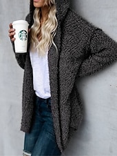 cheap Sherpa Jackets-Women&#039;s Teddy Coat Hoodie Jacket Street Daily Wear Vacation Fall Winter Regular Coat V Neck Loose Fit Warm Breathable Stylish Casual Street Style Jacket Long Sleeve Plain with Pockets White Pink Khaki