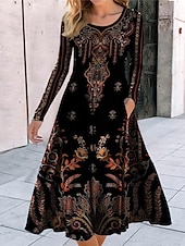 ieftine Rochie boho-Rochie midi pentru femei rochie în formă de A rochie casual rochie de iarnă rochie de schimb modă îmbrăcăminte de stradă matură formală exterior vacanță potrivire regulată florală mânecă lungă guler