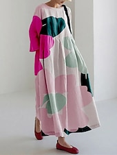 economico Abiti Falsi Essenziali-Per donna Abito Lungo Maxi Abito Finto cotone e lino Vestito a caftano Abito Estivo Abito Stampato Moda Moderno Quotidiano All'aperto Vacanza Vestibilità comoda Floreale Manica Corta Girocollo Giallo